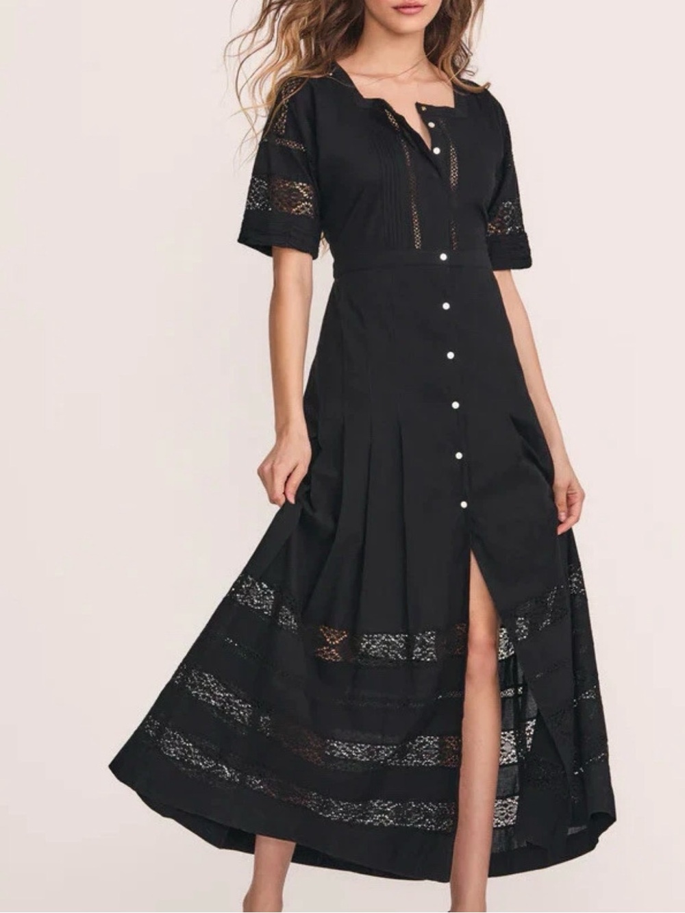 LoveShackFancy Black Lace-Trim Button Maxi Dress